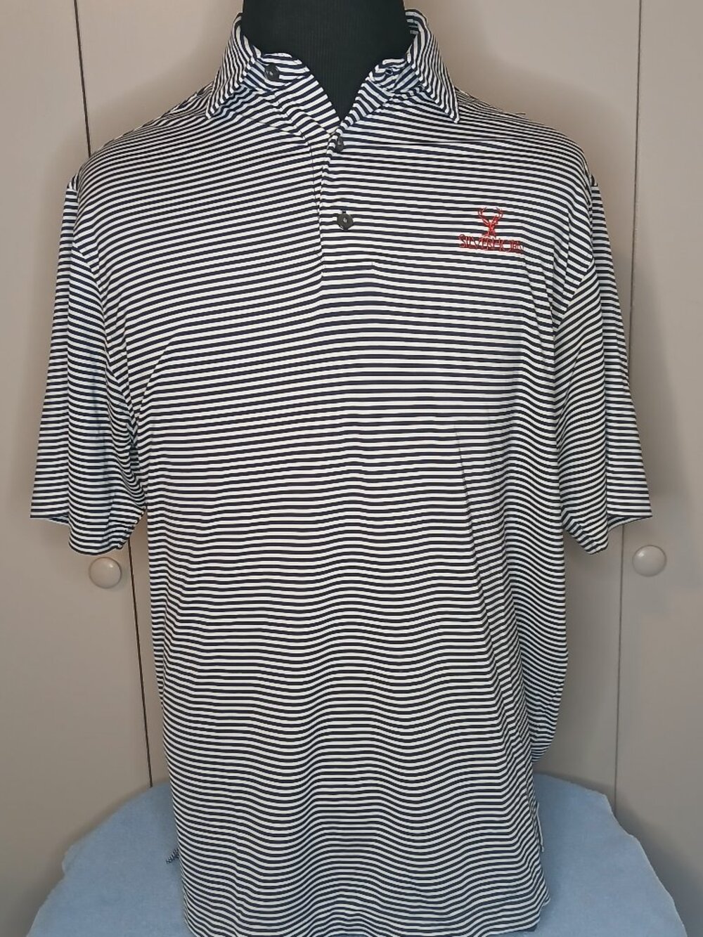 Foot Joy Large Black White Pinstriped Golf Polo "Silverhorn Stag Log" (1176B2)